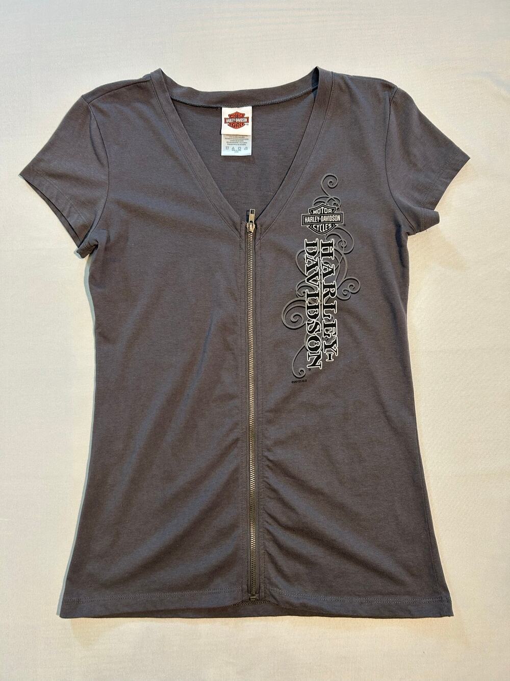 Harley Davidson Women's Full Zip V-Neck T-Shirt Grey Large